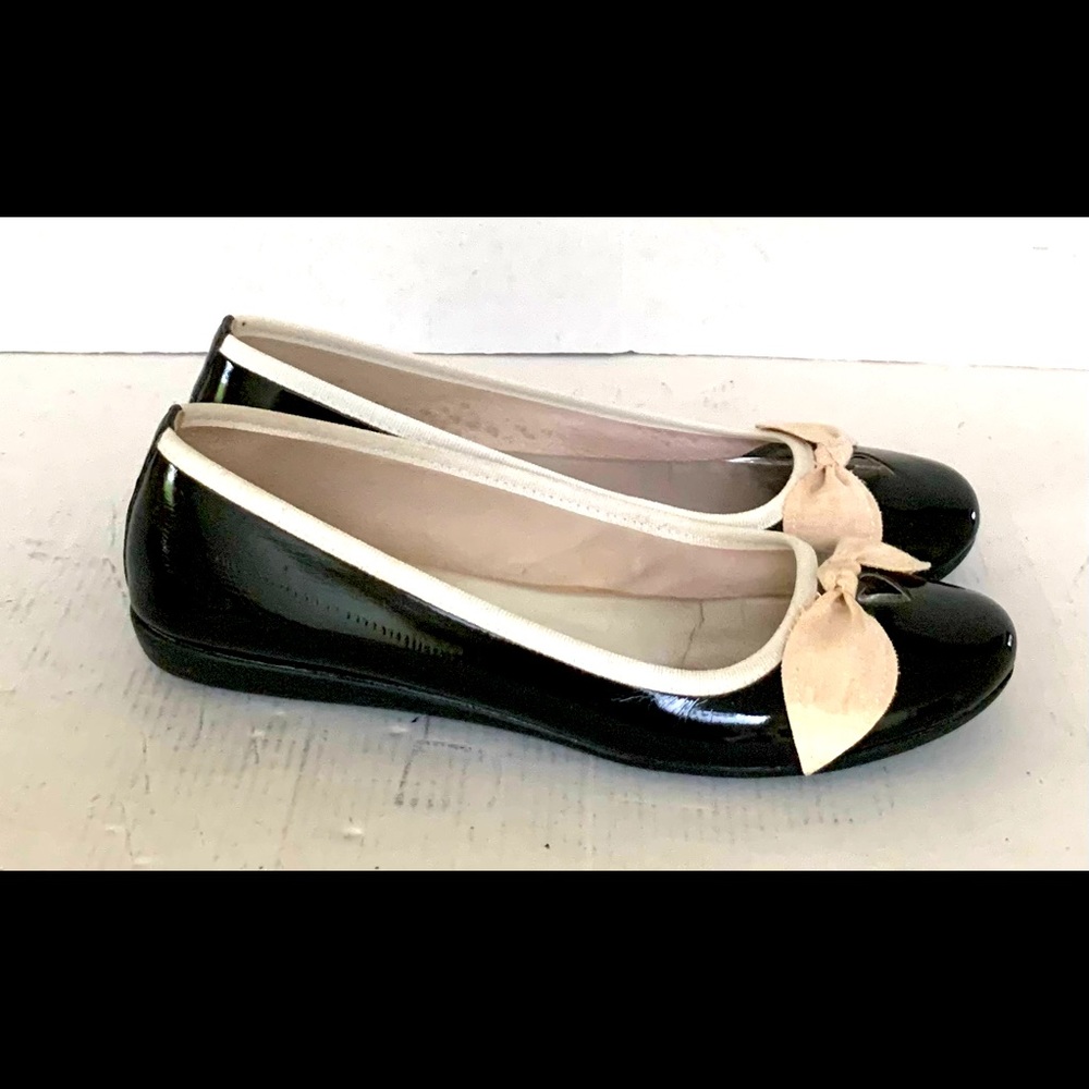 Black pattern ballet flat shoes white leather trim & cute cream leather bow Eu40